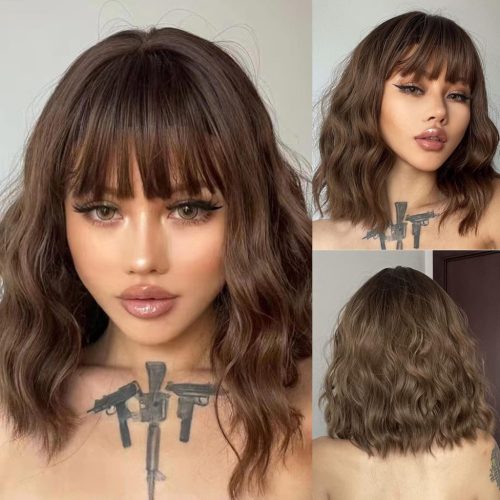 HAIRCUBE Rövid Bob Paróka Frufruval - Természetes Hatású Barna Műhaj, Hőálló Szintetikus Szálak, Napi Viseletre