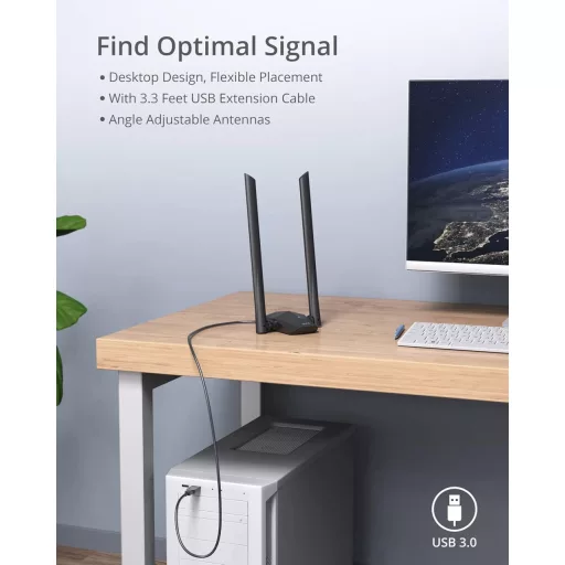 BrosTrend AX1800 WiFi 6 USB adapter PC-hez, nagy hatótávolságú, kettős sávú (1201Mbps/5GHz + 574Mbps/2.4GHz), két 5dBi antennával, Windows 1
