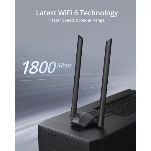 BrosTrend AX1800 WiFi 6 USB adapter PC-hez, nagy hatótávolságú, kettős sávú (1201Mbps/5GHz + 574Mbps/2.4GHz), két 5dBi antennával, Windows 1