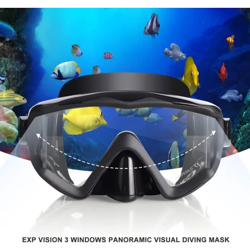 Mască de scufundări panoramică EXP VISION Pano 3, mască de snorkeling din sticlă securizată, albastru