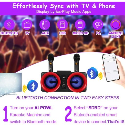 ALPOWL Hordozható Karaoke Gép 2 Mikrofonnal, Színes LED Fényekkel, PA Hangszóró Rendszer Buli Party Esküvő Piknik - Fekete