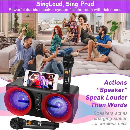ALPOWL Sistem Karaoke Portabil cu 2 Microfoane, Lumini LED Colorate, Sistem de Difuzoare PA pentru Petreceri, Nuntă, Picnic - Negru