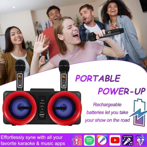 ALPOWL Sistem Karaoke Portabil cu 2 Microfoane, Lumini LED Colorate, Sistem de Difuzoare PA pentru Petreceri, Nuntă, Picnic - Negru
