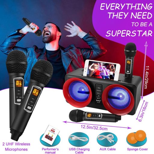 ALPOWL Sistem Karaoke Portabil cu 2 Microfoane, Lumini LED Colorate, Sistem de Difuzoare PA pentru Petreceri, Nuntă, Picnic - Negru