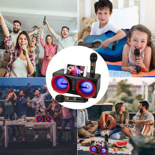 ALPOWL Sistem Karaoke Portabil cu 2 Microfoane, Lumini LED Colorate, Sistem de Difuzoare PA pentru Petreceri, Nuntă, Picnic - Negru