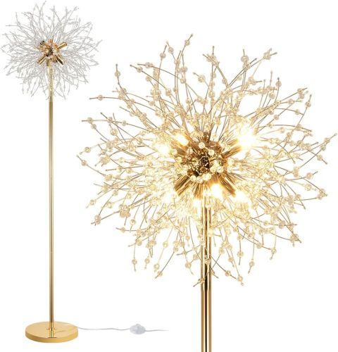 Lampadar Modern Rayofly - Lampă de podea cu Cristale "Foc de Artificii" Aurii, 8 Becuri, 172 cm Înălțime, Comutator de Picior, Iluminare pentru Living și Dormitor