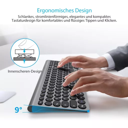 LeadsaiL Ergonomikus Vezeték Nélküli Billentyűzet és Egér Szett, QWERTZ, Csendes