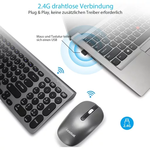 LeadsaiL Ergonomikus Vezeték Nélküli Billentyűzet és Egér Szett, QWERTZ, Csendes