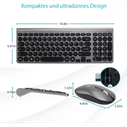 LeadsaiL Ergonomikus Vezeték Nélküli Billentyűzet és Egér Szett, QWERTZ, Csendes