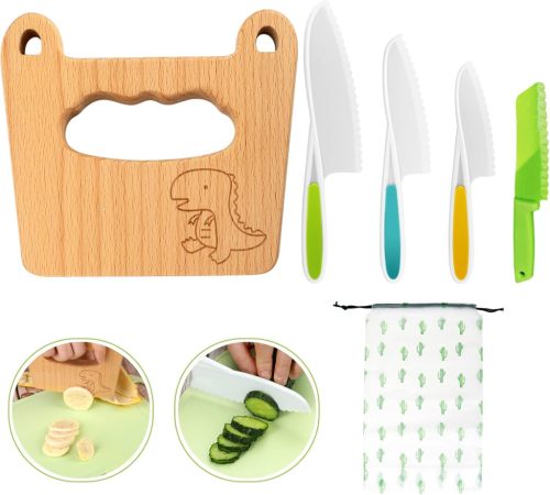 Goodchef 5 részes gyerekeknek való konyhai késkészlet - Dinoszáuros mintájú, biztonságos, fogazott élű műanyag és fa kések 2 éves kortól, zö