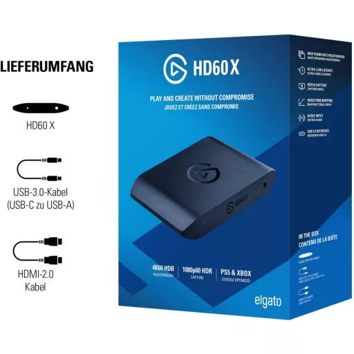 Elgato HD60 X Videó Rögzítő - 1080p60 HDR10/4K30 Streaming Alacsony Késleltetéssel PS5, Xbox Series, PC és Mac Eszközökhöz, OBS Kompatibilis