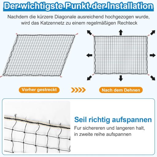 Aystkniet Macskavédő Háló Erkélyre 6x3m - Fekete Dróterősített Védőháló 20m Rögzítőkötéllel - Ablakra, Teraszajtóra, Kültéri-Beltéri Használ