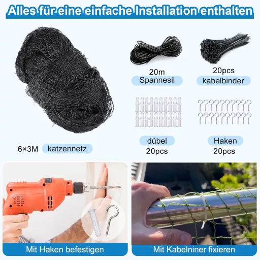 Plasă de protecție pentru pisici, balcon, 6x3m - Plasă de protecție neagră, ranforsată cu sârmă, cu 20m de sfoară de fixare - Pentru ferestre, uși de terasă, utilizare exterior-interior