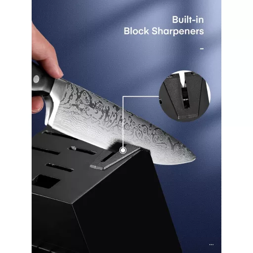 Set de cuțite D.Perlla cu auto-ascuțire, 14 piese, cu suport de lemn - Cuțite de bucătărie din oțel inoxidabil cu mâner din plastic, negre, lavabile în mașina de spălat vase.