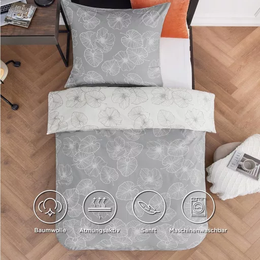 BEDSURE Pamučna Posteljina 135x200 cm Uzorak Ginkgo Siva 2 Dijelna S Jastučnicom