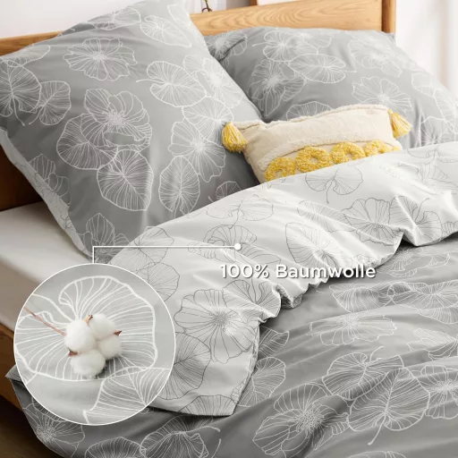 BEDSURE Pamučna Posteljina 135x200 cm Uzorak Ginkgo Siva 2 Dijelna S Jastučnicom