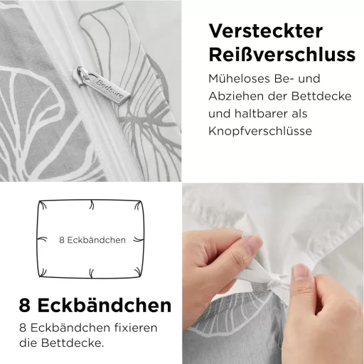BEDSURE Pamučna Posteljina 135x200 cm Uzorak Ginkgo Siva 2 Dijelna S Jastučnicom