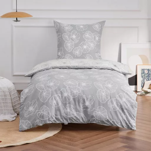 BEDSURE Pamučna Posteljina 135x200 cm Uzorak Ginkgo Siva 2 Dijelna S Jastučnicom