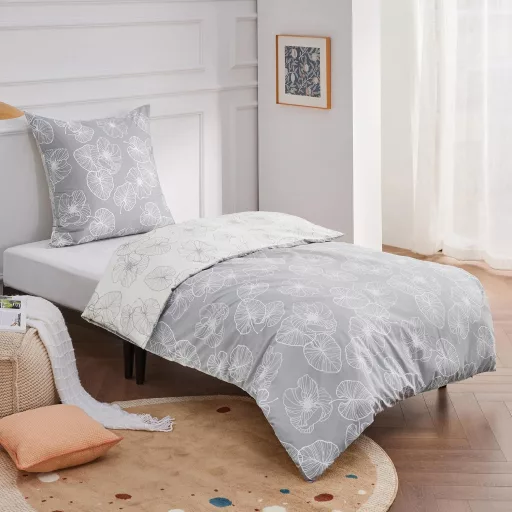 BEDSURE Pamučna Posteljina 135x200 cm Uzorak Ginkgo Siva 2 Dijelna S Jastučnicom