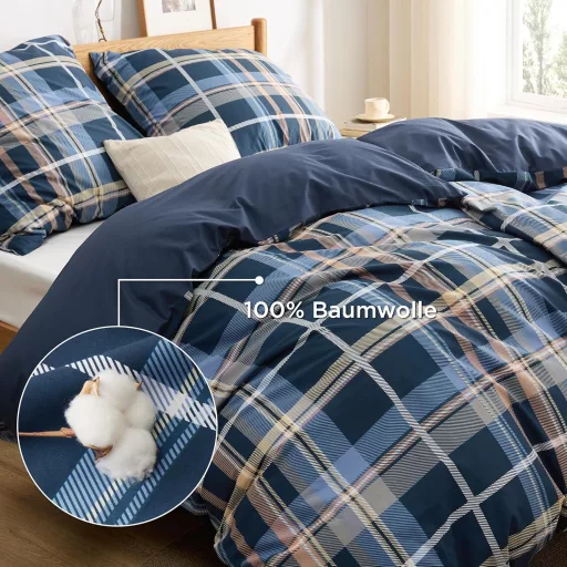 BEDSURE Pamučna Posteljina 135x200 cm Plavi Karirani Uzorak, Set od 2 Dijela s Jastučnicom