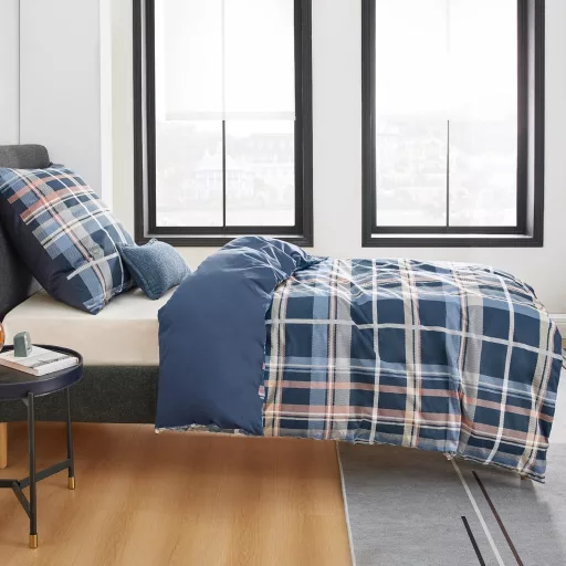 BEDSURE Pamut Ágyneműhuzat 135x200 cm Kék Kockás Mintával, 2 Részes Garnitúra Párnával