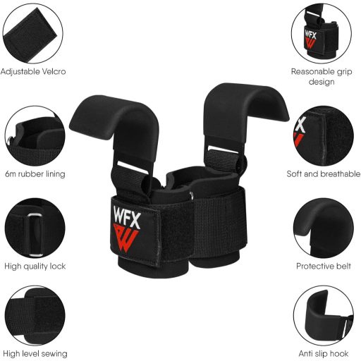 Cârlige pentru haltere WFX cu mâner cauciucat și suport din neopren pentru încheietură