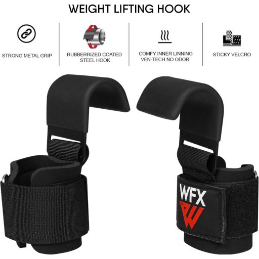 Cârlige pentru haltere WFX cu mâner cauciucat și suport din neopren pentru încheietură