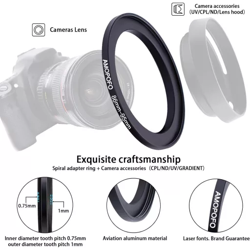 AMOPOFO 86mm-95mm Lencseadapter CNC Fém Szűrőgyűrű UV ND CPL Kompatibilis