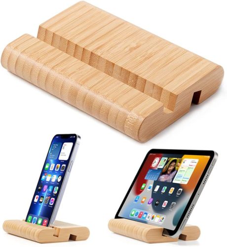 FadyDail Bambusz Tablet Tartó - Univerzális Mobiltelefon Állvány Kettős Nyílással, Kompatibilis iPad, iPhone és Minden Okostelefonnal, 12,9"