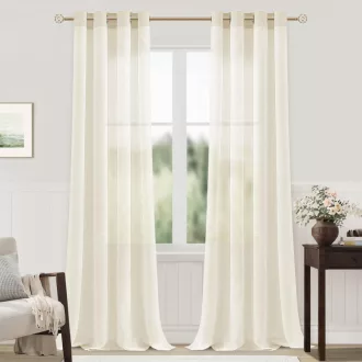   MRTREES Set prozirnih zavjesa, efekt lana, s ušicama, 260×140 cm, krem bijela, 2 komada, dekoracija za dnevni boravak i spavaću sobu