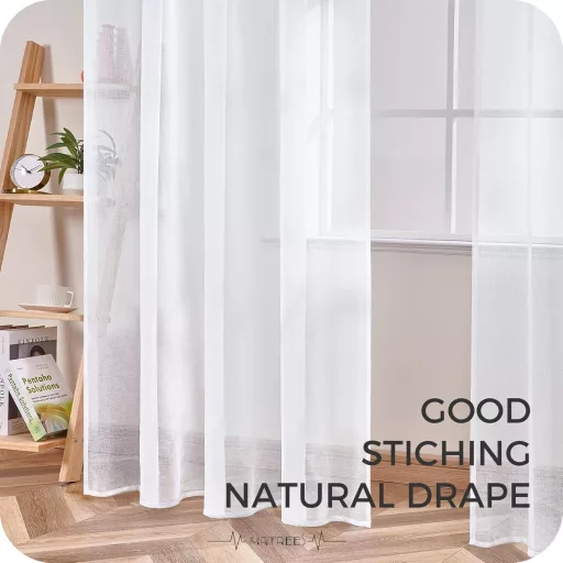 MRTREES Fehér Fényáteresztő Függöny Szett, Len Hatású Rövidített Sálak 150x140 cm, Nappali Hálószoba Gyerekszoba Dekoráció, 2 db