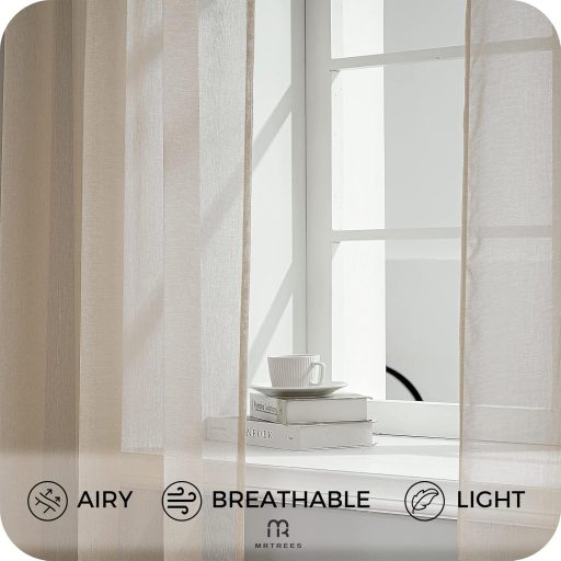 MRTREES Perdele bej, semitransparente, cu aspect de in - 145x140 cm, cu bride, pentru decorarea livingului, dormitorului, camerei copiilor, 2 bucăți
