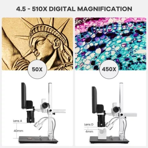 Microscop Digital Andonstar AD246-M, LCD 7", Mărire 500x, Înregistrare Video 1080P FHD, Microscop pentru Lipit cu 3 Lentile, Monede, Biologie