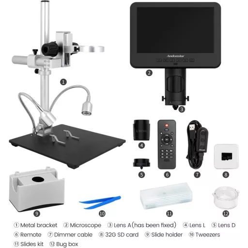 Microscop Digital Andonstar AD246-M, LCD 7", Mărire 500x, Înregistrare Video 1080P FHD, Microscop pentru Lipit cu 3 Lentile, Monede, Biologie