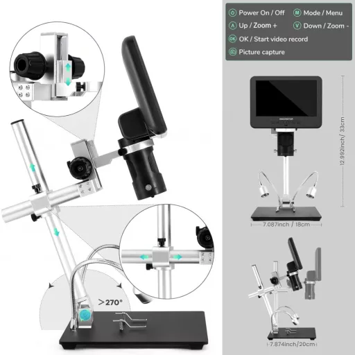 Microscop Digital Andonstar AD246-M, LCD 7", Mărire 500x, Înregistrare Video 1080P FHD, Microscop pentru Lipit cu 3 Lentile, Monede, Biologie