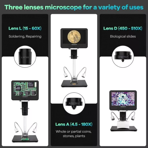 Microscop Digital Andonstar AD246-M, LCD 7", Mărire 500x, Înregistrare Video 1080P FHD, Microscop pentru Lipit cu 3 Lentile, Monede, Biologie