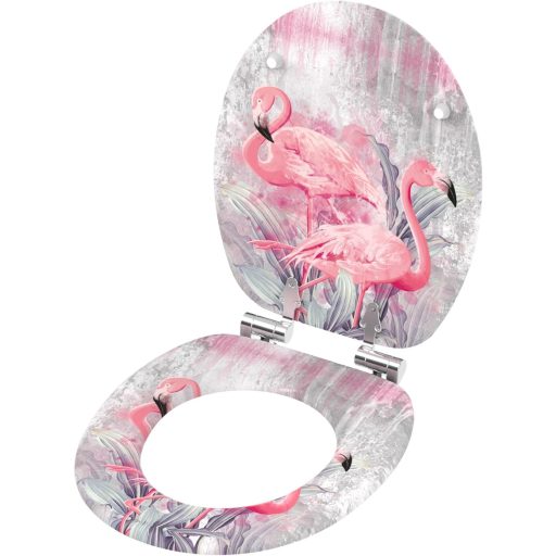 WC sedadlo Sanilo Flamingo s pomalým zatváraním - drevené, ľahko namontovateľné, s odolnými pántmi, toaletné veko s motívom plameniaka.