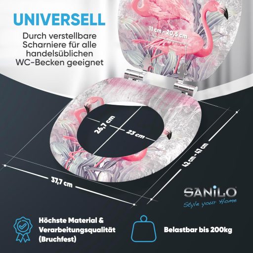 Sanilo Flamingo 2 WC Ülőke Lassú Záródással - Fa Anyagú, Könnyen Szerelhető, Strapabíró Zsanérokkal, Flamingó Mintás Toalett Fedél