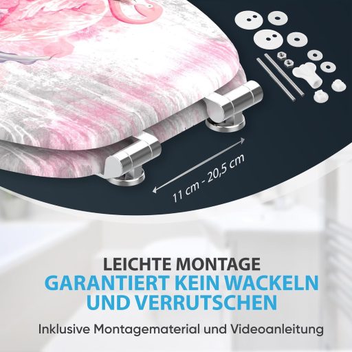 Sanilo Flamingo 2 WC Ülőke Lassú Záródással - Fa Anyagú, Könnyen Szerelhető, Strapabíró Zsanérokkal, Flamingó Mintás Toalett Fedél