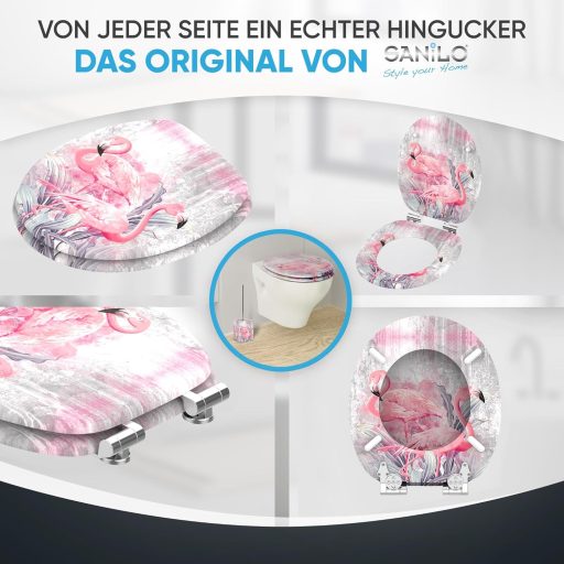 Sanilo Flamingo 2 WC Ülőke Lassú Záródással - Fa Anyagú, Könnyen Szerelhető, Strapabíró Zsanérokkal, Flamingó Mintás Toalett Fedél