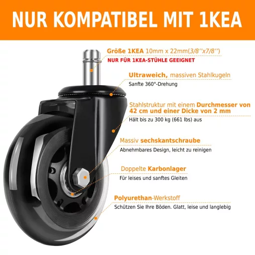 YUCONECT Irodai Szék Görgő 10mm 300kg Terhelhetőség 5db IKEA Kompatibilis