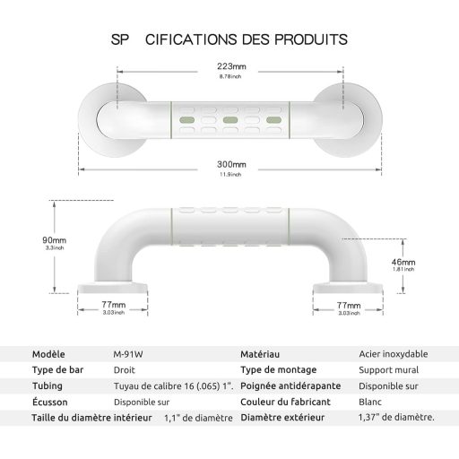 Scaun cu mâner modular pentru baie, oțel inoxidabil 30 cm, mâner anti-alunecare cu inel luminos