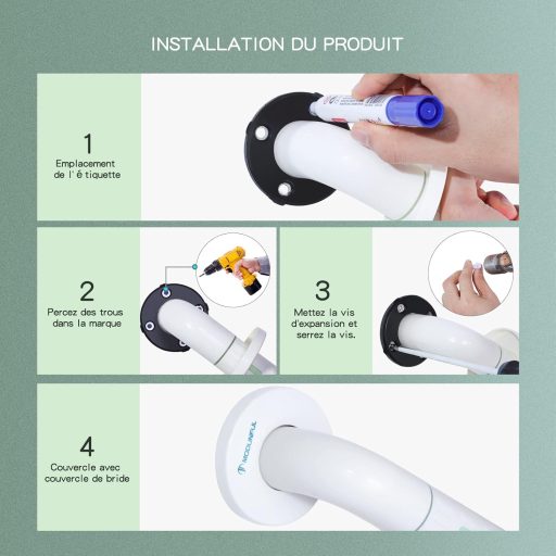 Scaun cu mâner modular pentru baie, oțel inoxidabil 30 cm, mâner anti-alunecare cu inel luminos