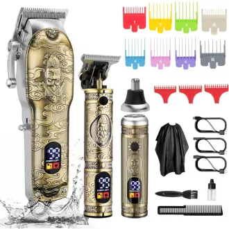   Set 2-în-1 pentru tuns părul și barba Bestauty - Trimmer rezistent la apă pentru părul din nas și urechi, baterie 2500 mAh, culoare maro
