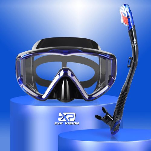 Pano 3 ablakos búvármaszk és légzőcső szett felnőtteknek, kék - Párásodásgátló profi snorkel felszerelés