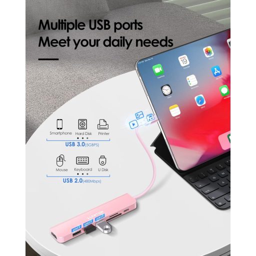 LENTION Hub USB-C 7 în 1 - Încărcare PD 100W, HDMI 4K, Cititor de carduri SD/TF, USB 3.0 - Adaptor compatibil MacBook Pro/Air, iPhone 16/15, Roz