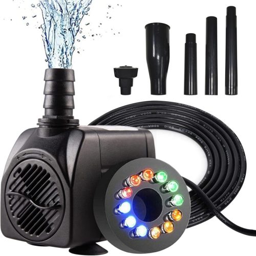 Bseical LED-es Kerti Szivattyú 750L/h - Csendes Vízpumpa Tóhoz, Akváriumhoz, Szökőkúthoz 4 Szórófejjel, Állítható Vízáramlással, 15W