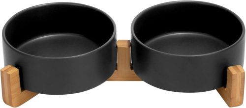 SPUNKYJUNKY Kerámia Dupla Etetőtál Bambusz Állvánnyal - 400ml Macskáknak és Kiskutyáknak - Biztonságos, Mérgezőanyag-mentes Etetőedény (Feke