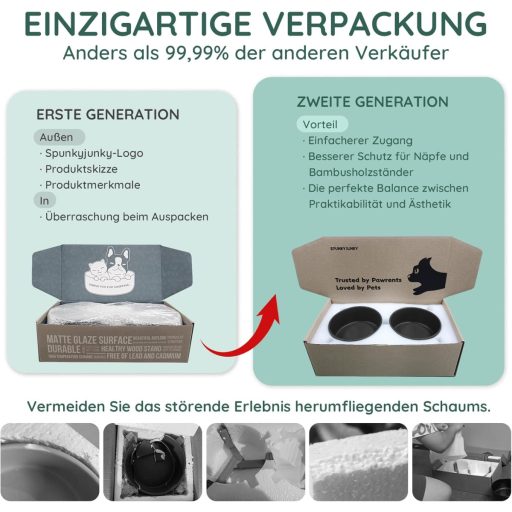 SPUNKYJUNKY Kerámia Dupla Etetőtál Bambusz Állvánnyal - 400ml Macskáknak és Kiskutyáknak - Biztonságos, Mérgezőanyag-mentes Etetőedény (Feke