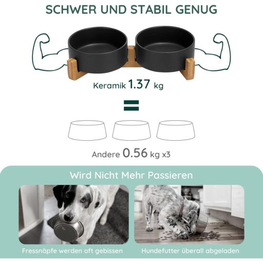 SPUNKYJUNKY Kerámia Dupla Etetőtál Bambusz Állvánnyal - 400ml Macskáknak és Kiskutyáknak - Biztonságos, Mérgezőanyag-mentes Etetőedény (Feke